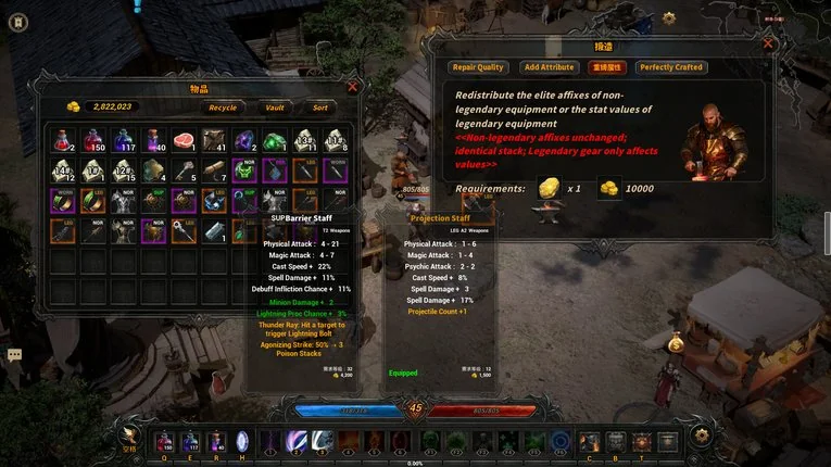 Panel inventory menampilkan koleksi gear dan affix