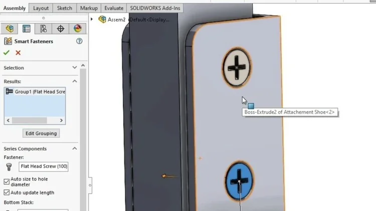 Assembly sekrup pintu dengan smart fasteners di SolidCAM 2026