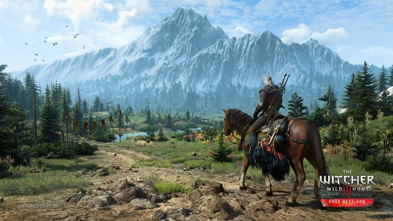 The Witcher 3 Wild Hunt Gerald berkuda melintasi lembah luas dan sungai kecil