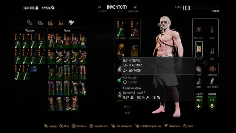 Panel inventory dengan puluhan armor legendaris dan level 100 karakter