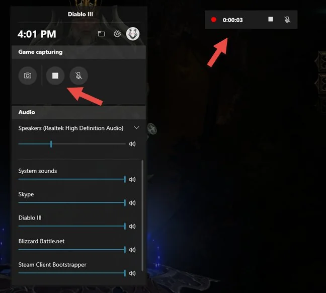 Tampilan widget capture dan panel audio Xbox Game Bar saat merekam layar Windows