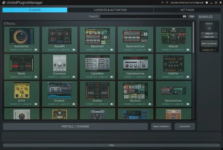 Tampilan UI beberapa plugin United Plugins dalam satu frame
